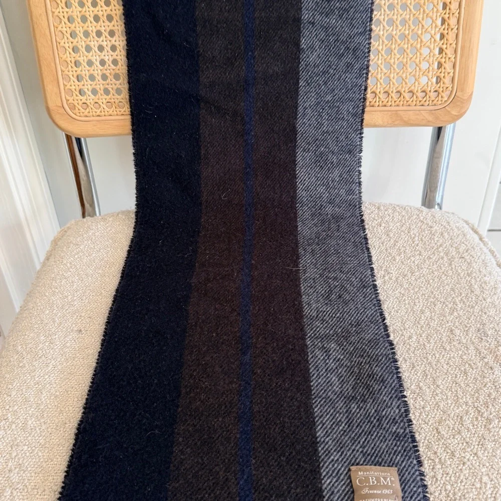 Made in Italy 80% Wool 20% Cashmere Striped Fringe Scarf  Navy Brown Gray NWT